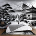 Japanese black and white wallpaper mural | Painting of temples at the foot of Mount Fuji - Carving wallpaper