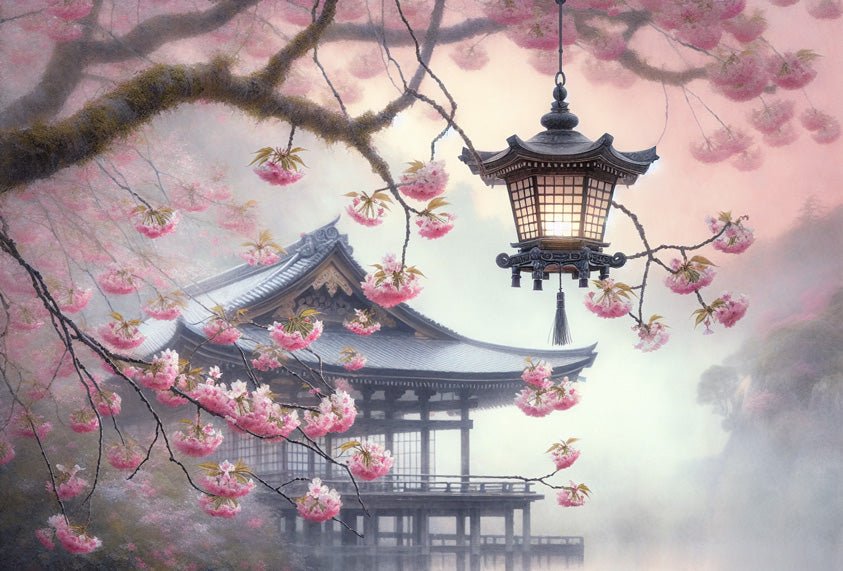 Japanese cherry blossom wallpaper mural | Ancient architecture, lanterns - Carving wallpaper
