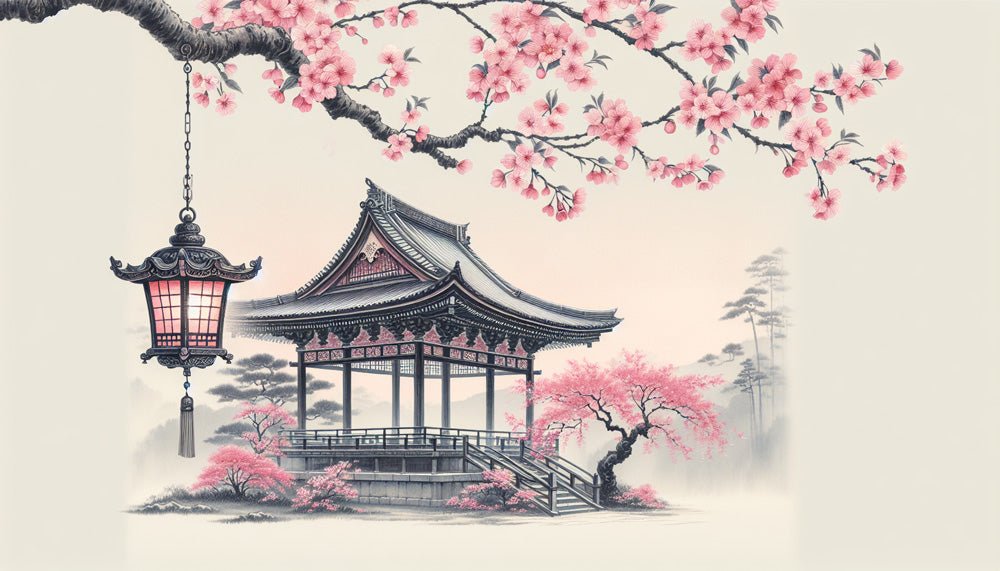 Japanese Cherry Blossom Wallpaper Mural | Cherry Blossoms and Pavilions - Carving wallpaper