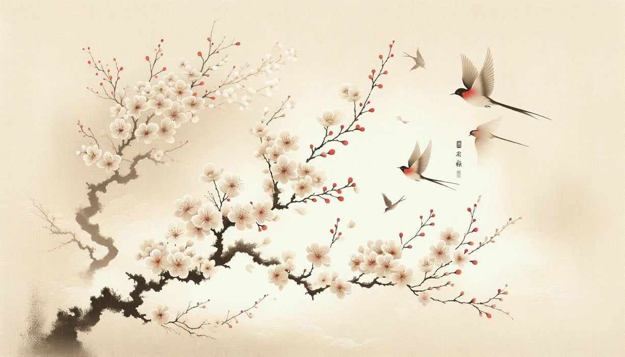 Japanese Cherry Blossom Wallpaper Mural | White and Red Throat Flowers in Flight - Carving wallpaper