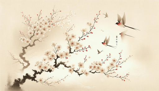 Japanese Cherry Blossom Wallpaper Mural | White and Red Throat Flowers in Flight - Carving wallpaper