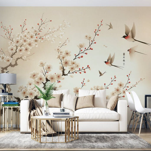 Japanese Cherry Blossom Wallpaper Mural | White and Red Throat Flowers in Flight - Carving wallpaper