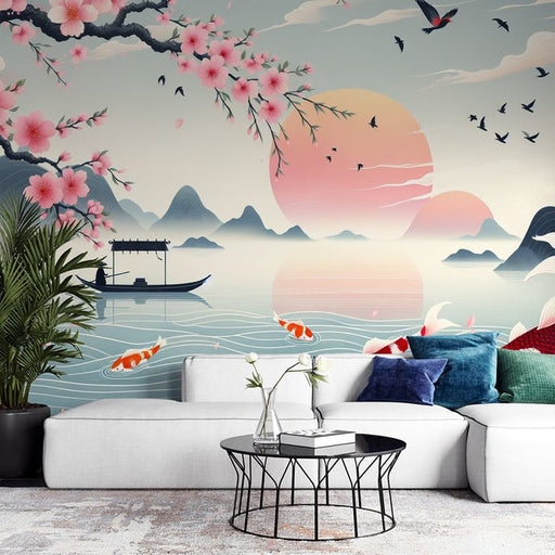 Japanese Cherry Wallpaper Mural | Sunset and Tranquil Mountain Lakes - Carving wallpaper