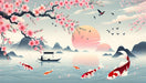 Japanese Cherry Wallpaper Mural | Sunset and Tranquil Mountain Lakes - Carving wallpaper