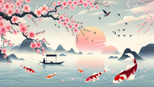 Japanese Cherry Wallpaper Mural | Sunset and Tranquil Mountain Lakes - Carving wallpaper