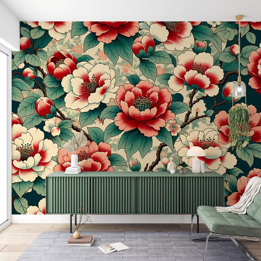 Japanese floral wallpaper mural | Camellia retro style - Carving wallpaper