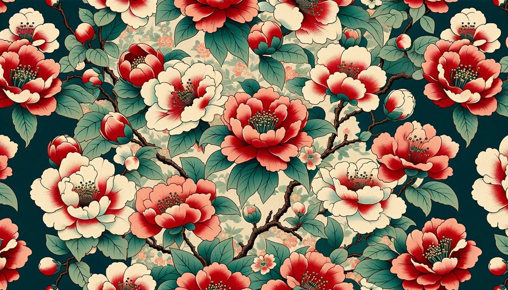 Japanese floral wallpaper mural | Camellia retro style - Carving wallpaper