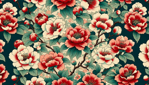 Japanese floral wallpaper mural | Camellia retro style - Carving wallpaper