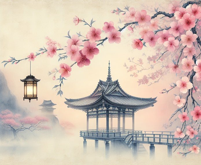 Japanese Garden Cherry Blossom Wallpaper Mural | Lanterns - Carving wallpaper