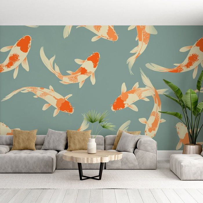 Japanese Koi Wallpaper Mural | Light Blue Background - Carving wallpaper