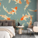 Japanese Koi Wallpaper Mural | Light Blue Background - Carving wallpaper