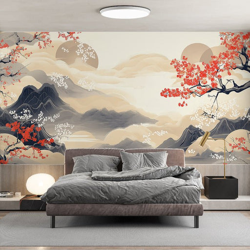 Japanese Landscape Wallpaper Murals | Mountains and Cherry Blossoms - Carving wallpaper