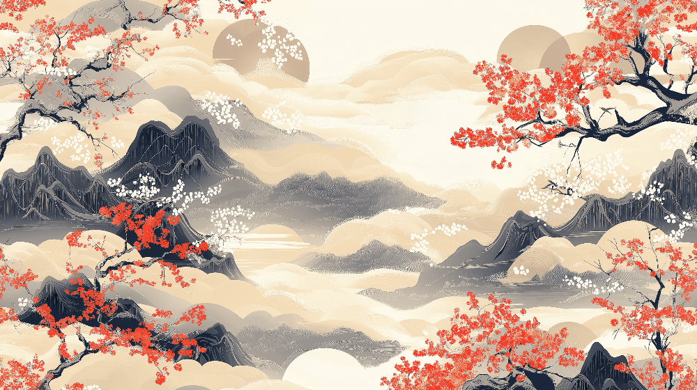 Japanese Landscape Wallpaper Murals | Mountains and Cherry Blossoms - Carving wallpaper