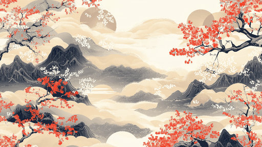 Japanese Landscape Wallpaper Murals | Mountains and Cherry Blossoms - Carving wallpaper