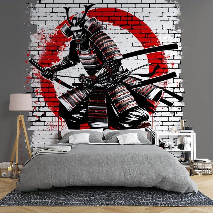 Japanese Samurai Wallpaper Mural | Black, White, and Red Brick Walls - dramatic samurai warrior mural with armor, katana, white brick backdrop, red circular brick wall motif