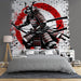 Japanese Samurai Wallpaper Mural | Black, White, and Red Brick Walls - dramatic samurai warrior mural with armor, katana, white brick backdrop, red circular brick wall motif