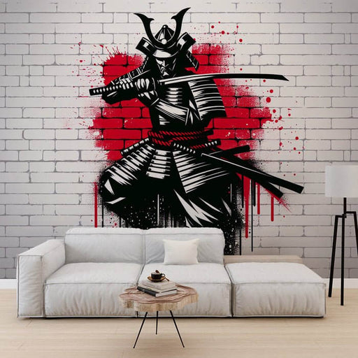 Japanese Samurai Wallpaper Mural | Black, White, and Red - dramatic samurai graffiti mural on brick wall with red ink splatter behind a seated modern living room setup