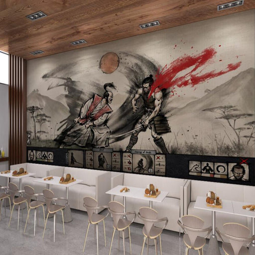 Japanese Samurai Wallpaper Mural | Japanese Samurai Duel, Ink Style Battle Mural - Carving wallpaper