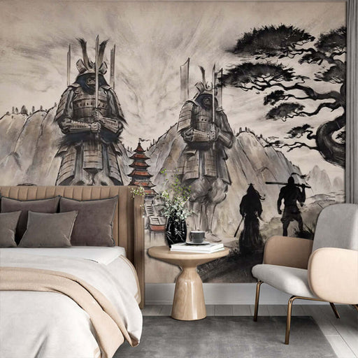 Japanese samurai wallpaper | Zen inspired high-end decorative wall in living room and bedroom - living room mural with samurai ink painting and Japanese zen elements