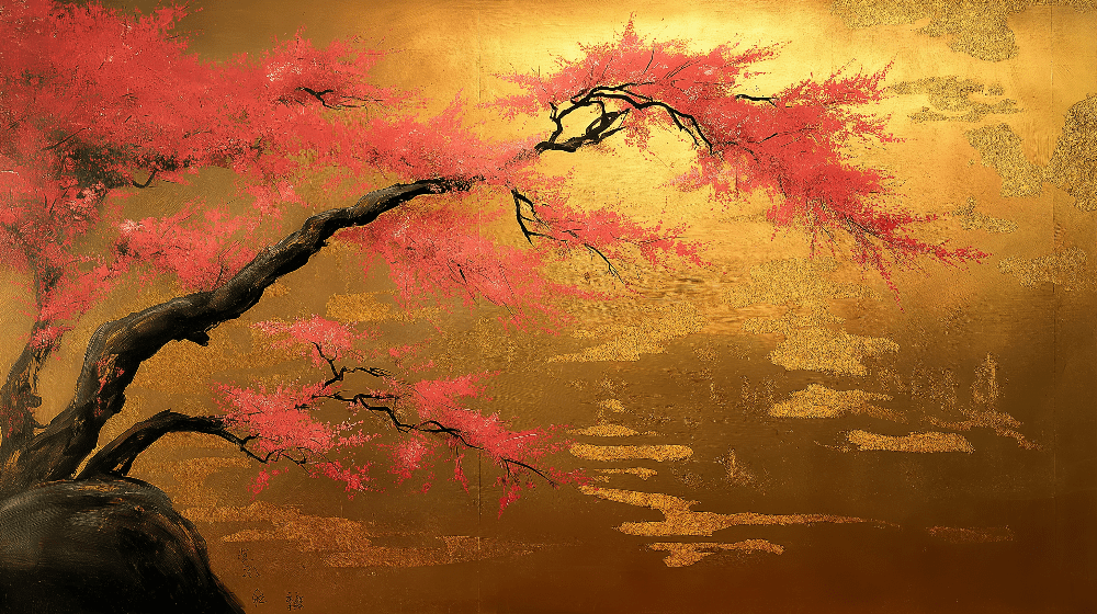 Japanese style maple leaf wallpaper mural | Golden brown tone art painting - Carving wallpaper