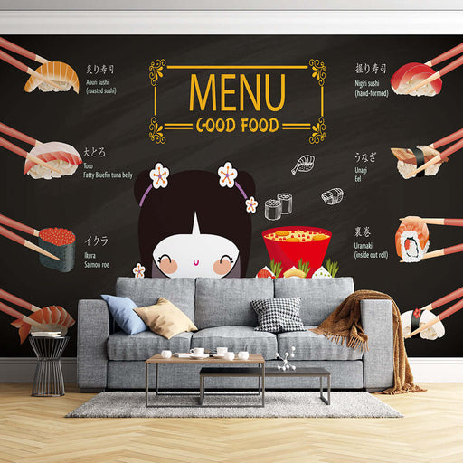 Japanese sushi restaurant wallpaper mural | Cartoon style izakaya decoration preferred for immersive Japanese dining ambiance with hand-painted sushi and geisha motifs