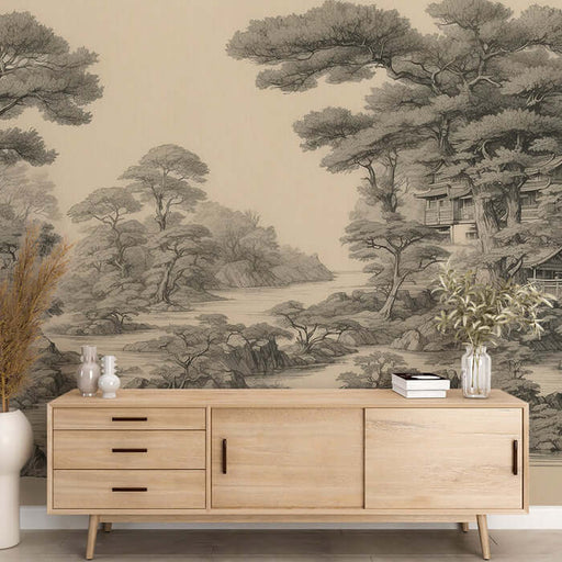 Japanese Ukiyo-e Forest Wall Mural – Zen Landscape Peel & Stick Wallpaper - serene Kyoto-inspired wall art for living room, meditation space, minimalist study
