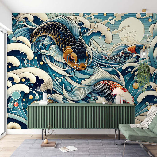 Japanese ukiyo-e koi wallpaper mural | Living room and study auspicious decoration wall