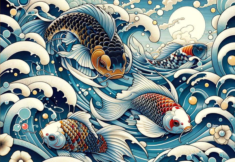 Japanese ukiyo-e koi wallpaper mural | Living room and study auspicious decoration wall - koi fish art waves