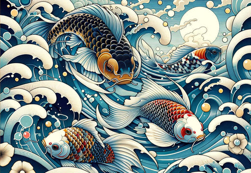 Japanese ukiyo-e koi wallpaper mural | Living room and study auspicious decoration wall - koi fish art waves