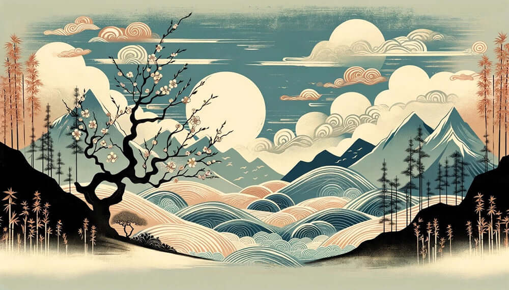 Japanese Ukiyo-e Landscape Wallpaper - Healing Style for Living Room & Bedroom with cherry blossoms, serene blue-brown tones, ideal for living rooms and bedrooms