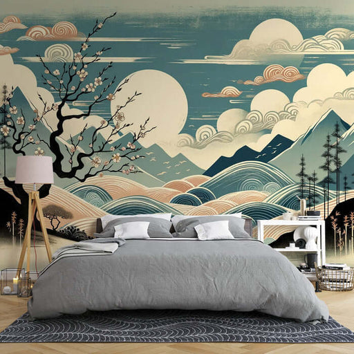 Japanese Ukiyo-e Landscape Wallpaper - Healing Style for Living Room & Bedroom with serene cherry blossoms, waves, and mountains backdrop