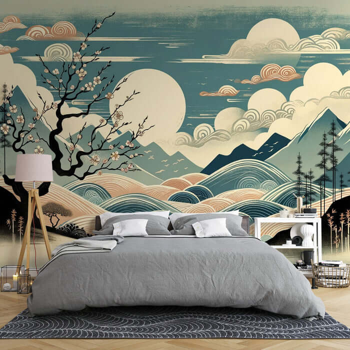 Japanese Ukiyo-e Landscape Wallpaper - Healing Style for Living Room & Bedroom with serene cherry blossoms, waves, and mountains backdrop