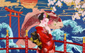 Japanese ukiyo - e style wallpaper mural | Koi, waves, cherry blossoms - Carving wallpaper