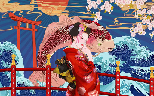 Japanese ukiyo - e style wallpaper mural | Koi, waves, cherry blossoms - Carving wallpaper