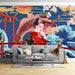 Japanese ukiyo - e style wallpaper mural | Koi, waves, cherry blossoms - Carving wallpaper