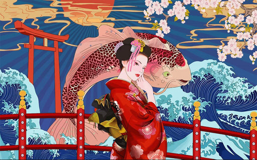 Japanese ukiyo-e style wallpaper mural | Koi, waves, cherry blossoms