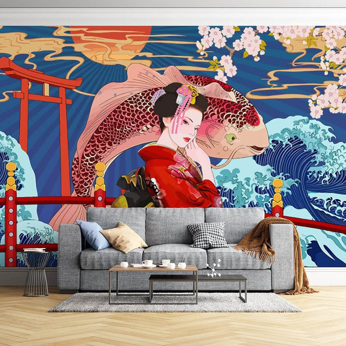 Japanese ukiyo-e style wallpaper mural | Koi, waves, cherry blossoms