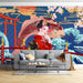 Japanese ukiyo-e style wallpaper mural | Koi, waves, cherry blossoms
