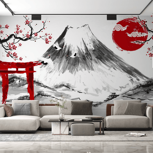 Japanese wallpaper featuring cherry blossom trees and Mount Fuji - Carving wallpaper