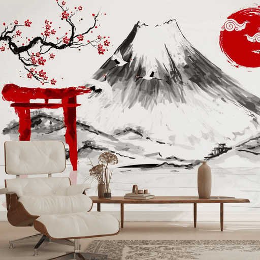 Japanese wallpaper featuring cherry blossom trees and Mount Fuji - Carving wallpaper