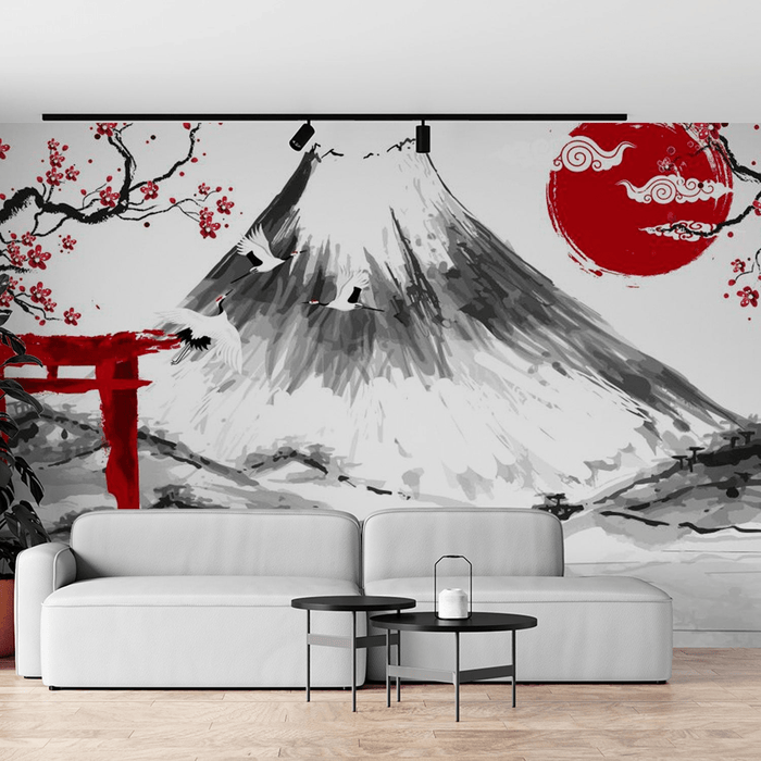 Japanese wallpaper featuring cherry blossom trees and Mount Fuji - Carving wallpaper