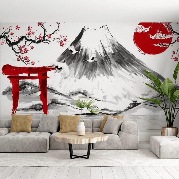 Japanese wallpaper featuring cherry blossom trees and Mount Fuji - Carving wallpaper