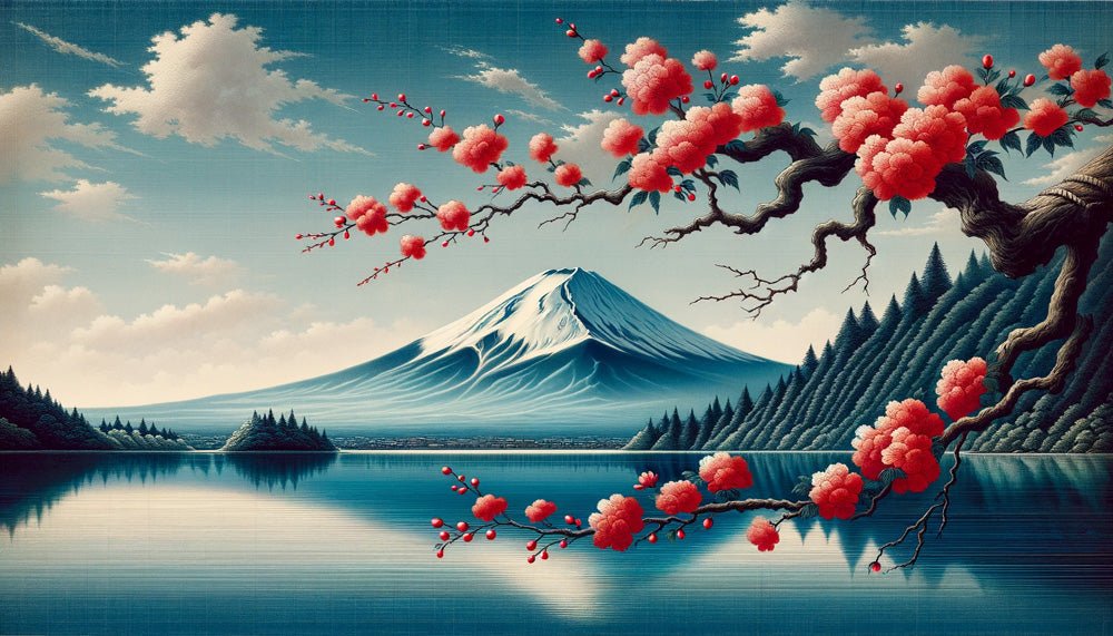 Japanese Wallpaper Mural | Mount Fuji and Japanese Red Cherry - Carving wallpaper