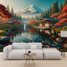 Japanese Wallpaper Mural | Red Maple Trees on Mount Fuji - Carving wallpaper