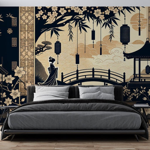 Japanese Wallpaper Murals | Black and Beige Zen Temples and Lakes - Carving wallpaper