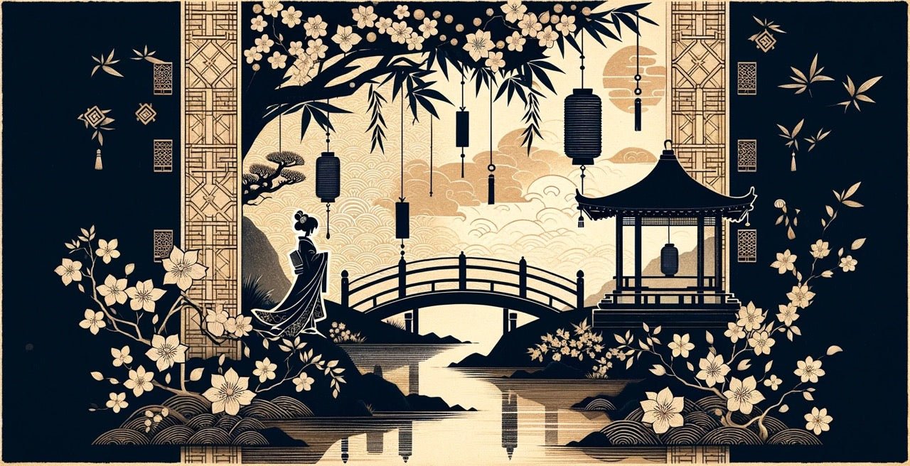 Japanese Wallpaper Murals | Black and Beige Zen Temples and Lakes - Carving wallpaper