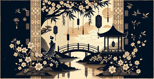 Japanese Wallpaper Murals | Black and Beige Zen Temples and Lakes - Carving wallpaper