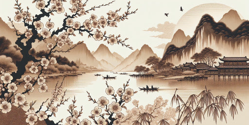 Japanese Wallpaper Murals | Cherry Blossoms and Calm Beige Lakes - Carving wallpaper