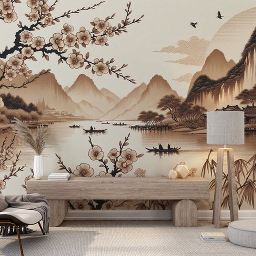 Japanese Wallpaper Murals | Cherry Blossoms and Calm Beige Lakes - Carving wallpaper