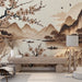 Japanese Wallpaper Murals | Cherry Blossoms and Calm Beige Lakes - Carving wallpaper